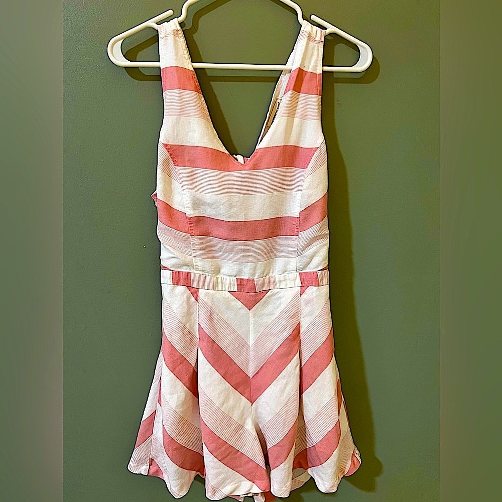 Coverstitched women's romper large pink/white stripe tie back